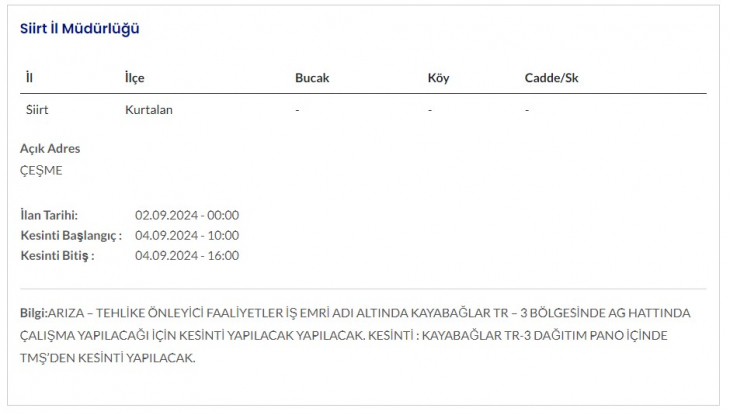 Siirt ve İlçelerinde 4 Eylül Günü Elektrik Kesintileri Yapılacak! İşte Kesinti Yapılacak Yerler ve Saatler