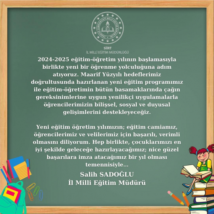 Siirt Milli Eğitim Müdürü Salih Sadoğlu'ndan Yeni Eğitim Yılı Mesajı