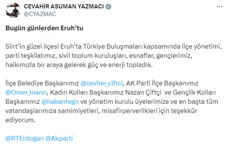 Eruh'ta Türkiye Buluşmaları: Milletvekili Cevahir Asuman Yazmacı'dan TeşekkürEruh'ta Türkiye Buluşmaları Etkinliği