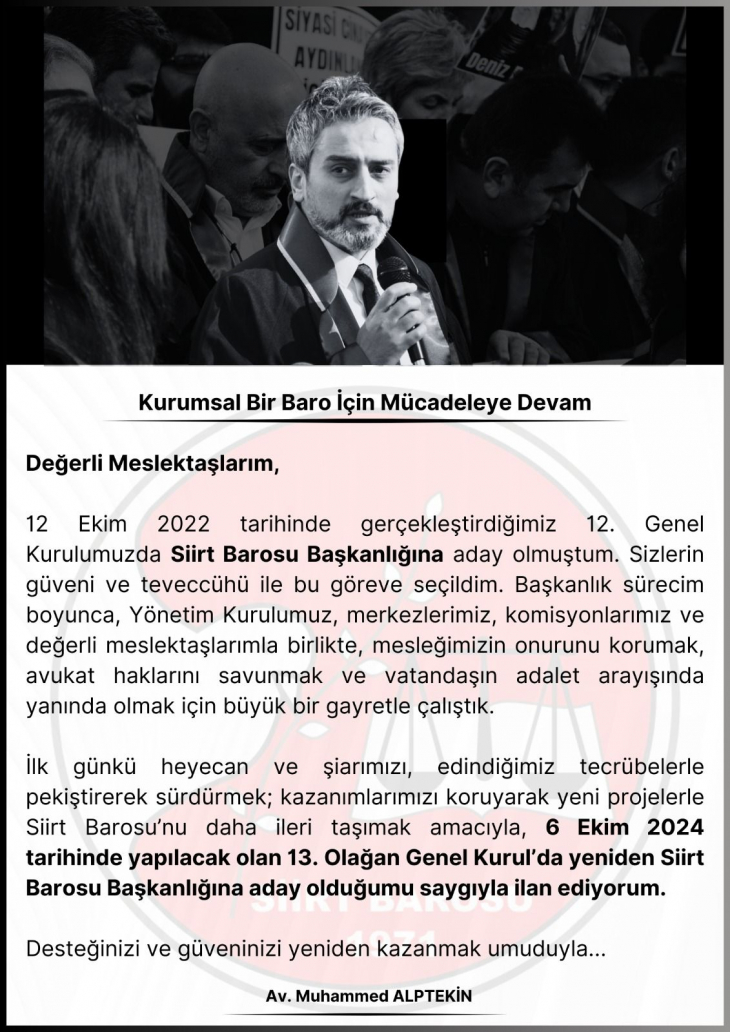 Siirt Baro Başkanı Av. Muhammed Alptekin Yeniden Adaylığını Açıkladı